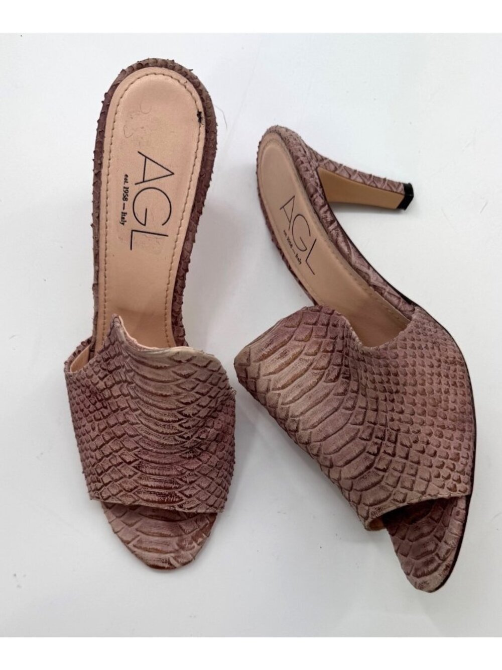 AGL Dea Womens Croc-Embossed Leather Mule Heels Size 9.5 / 39.5 Made In Italy - Picture 2 of 12